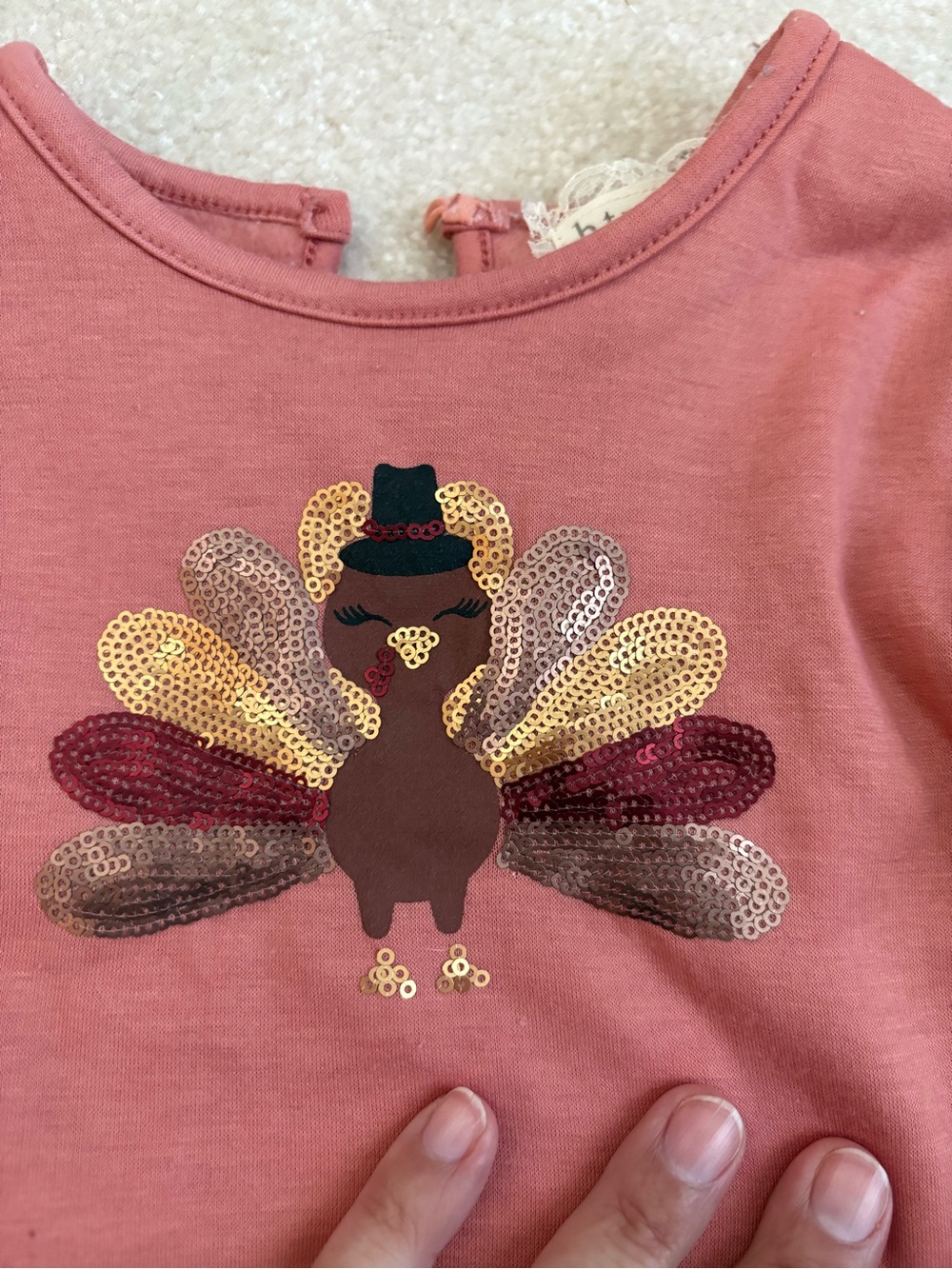 Girls Pink Turkey Top with Fall Stripe Leggings and headband Set - Picture 3 of 4